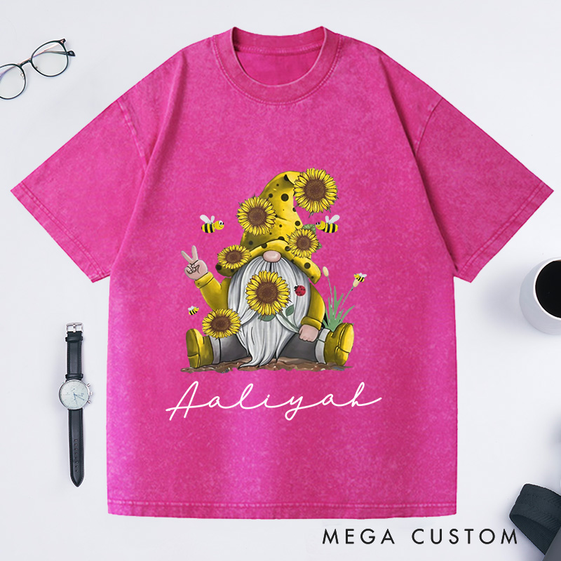 Personalized Sunflower Gnome Washed T-Shirts Bee Gnome Shirt Gnome Peace Sign Shirt Funny Gnome Shirt Spring Gnome Tee Cute Bee Gnome Shirt