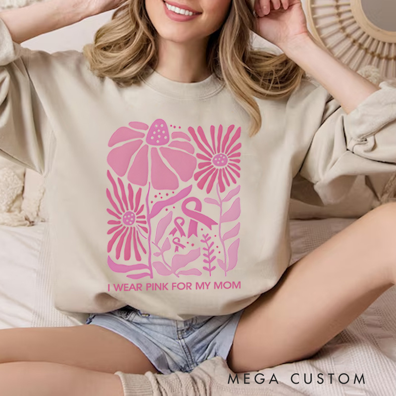 Personalized I Wear Pink for Breast Cancer Sweatshirt Boho Floral Pink Ribbon Sweatshirt