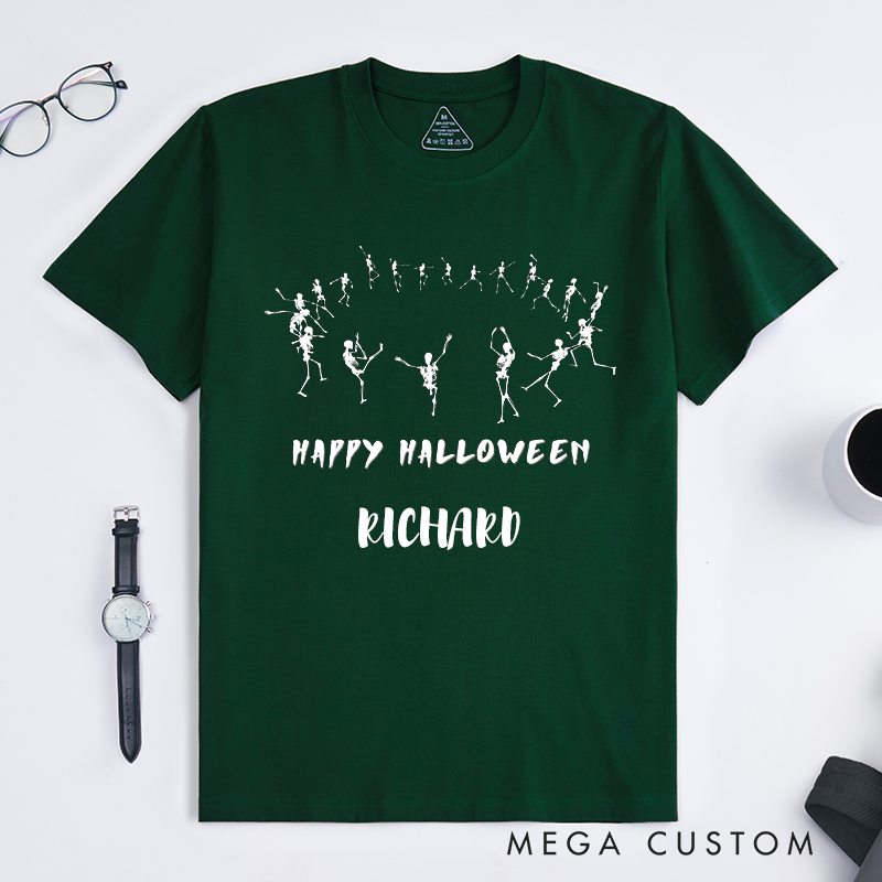 Personalized Dancing Skeletons Halloween T-Shirts Unique Spooky Skeleton Dance Custom Name Happy Halloween Gift for Men Friends Family