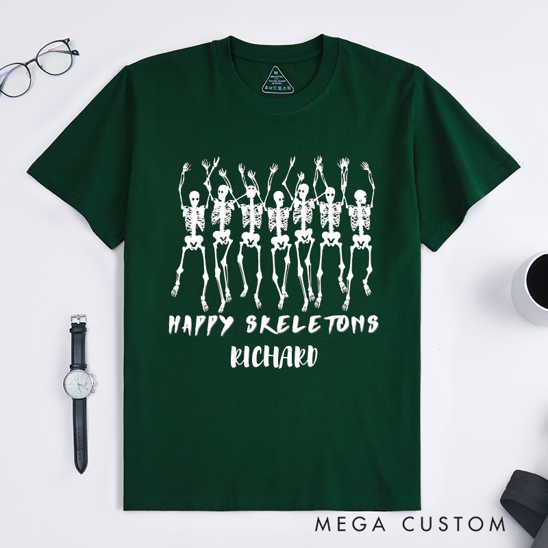 Personalized Happy Skeletons Dancing T-Shirts Funny Skeleton Graphic Tee Unique Halloween Gift for Men Friends Custom Name Skeleton Shirt