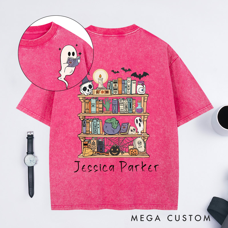 Personalized Ghost Book Reader Washed T-Shirts Halloween Library Shirt Halloween Reading Tee Book Lover Gift Skeleton Book Club Reading Shirts