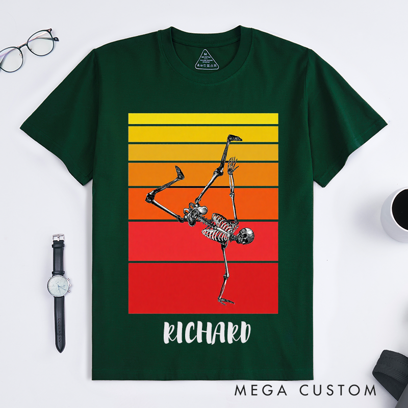 Personalized Skeleton Street Dance Pose T-Shirts Retro Vintage Sunset Design Unique Gift for Men Custom Name Funny Skeleton Tee