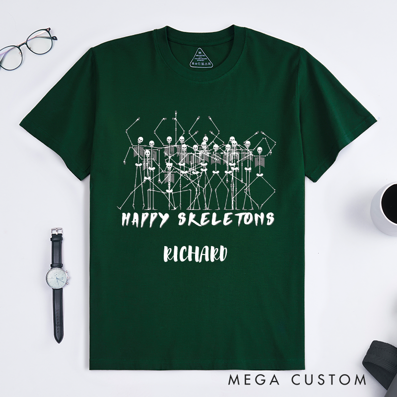 Personalized Happy Skeletons Dancing Skeletons T-Shirts Custom Name Funny Halloween Gift Unique Skeleton Tee for Men Friends Present