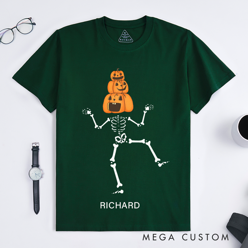 Personalized Dancing Skeleton Pumpkin Stack T-Shirts Custom Name Funny Halloween Skeleton Gift for Men Unique Spooky Fall Outfit for Friends or Family