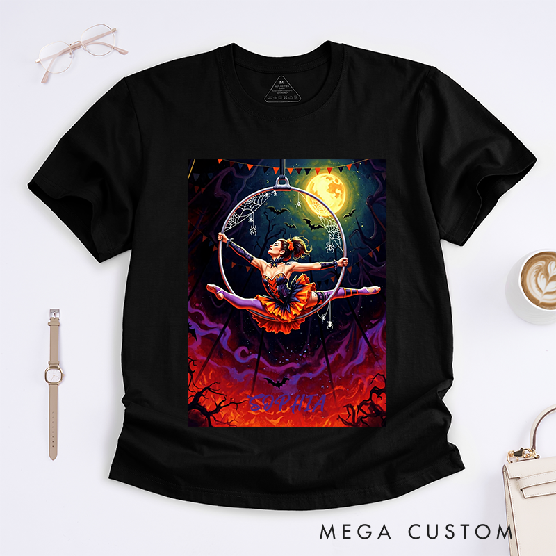 Personalized Halloween Dancing T-Shirts Custom Name Acrobat Performer Gift for Women Unique Fall Witchy Costume Tee Present