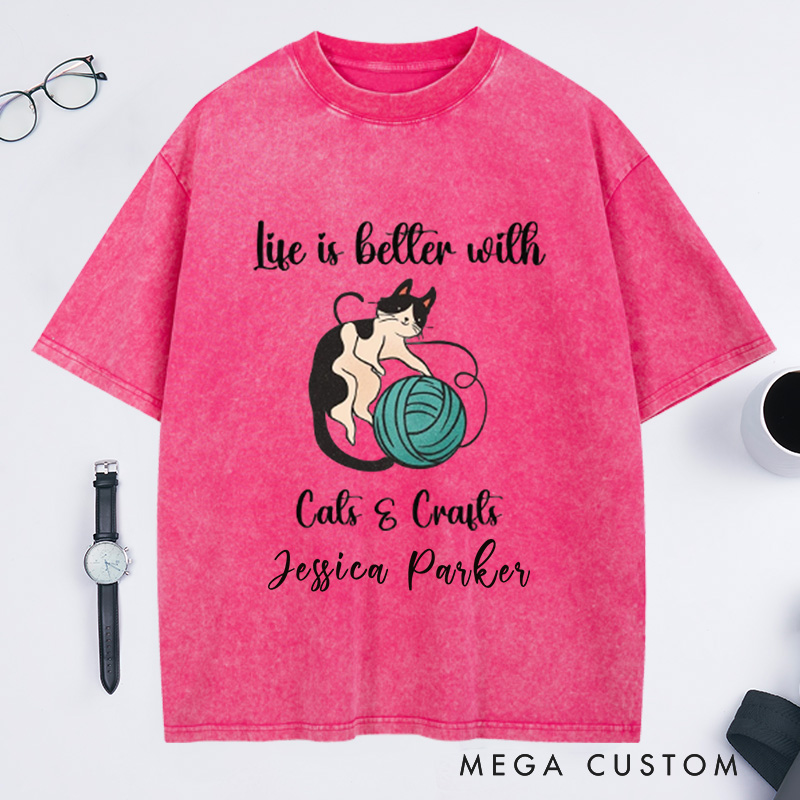 Personalized Cat Knitting Crafts Washed T-Shirts MidCentury Cat Knitting Shirt Vintage Cat T-Shirt BoHo Knitting Shirt Funny Cat Lover Shirt