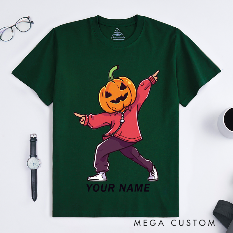 Personalized Halloween Pumpkin Head Dancing Graphic T-Shirts Custom Name Fall Gift for Men Trendy Streetwear Unique Funny for Boys and Teens