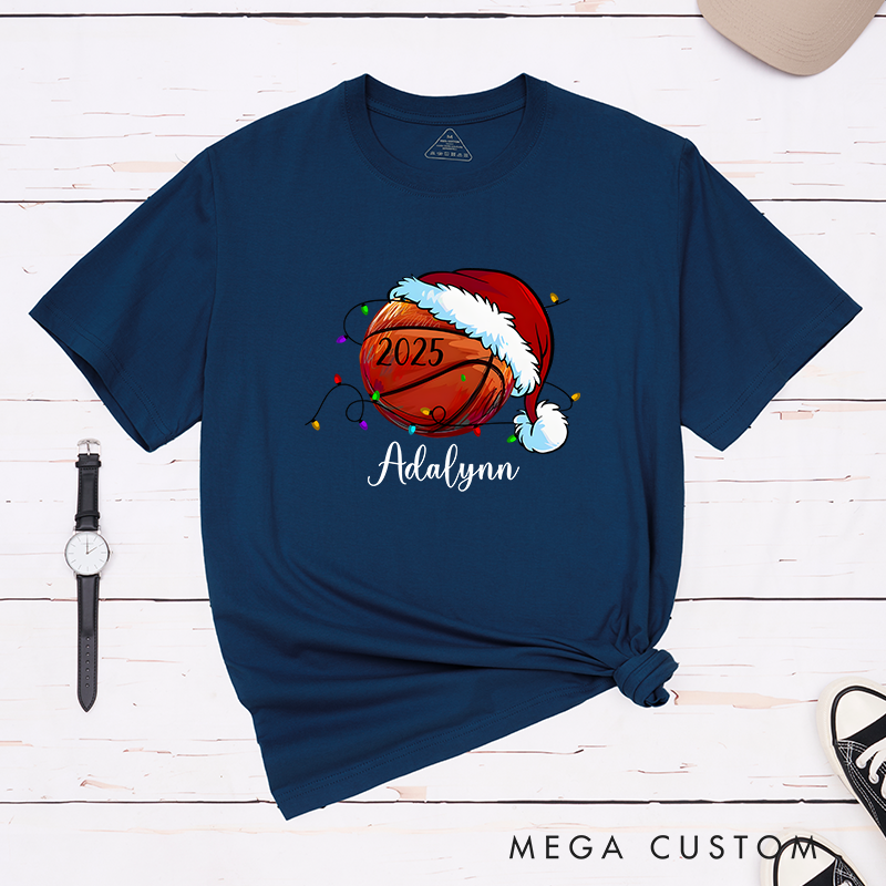 Personalized Festive T-Shirt with Custom Name, Year, and Basketball Santa Hat Design