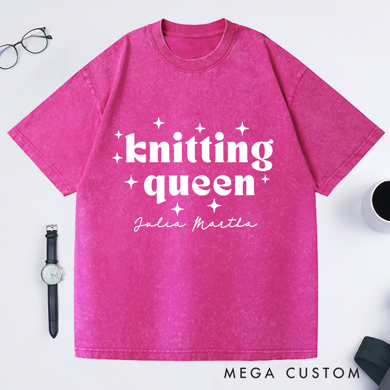 Personalized Knitting Queen Washed T-Shirts Knitter Shirt Colorful Sewing T-Shirt Womens Crochet T-Shirt Comfy Top Bright Words Tee Unique Font Shirt