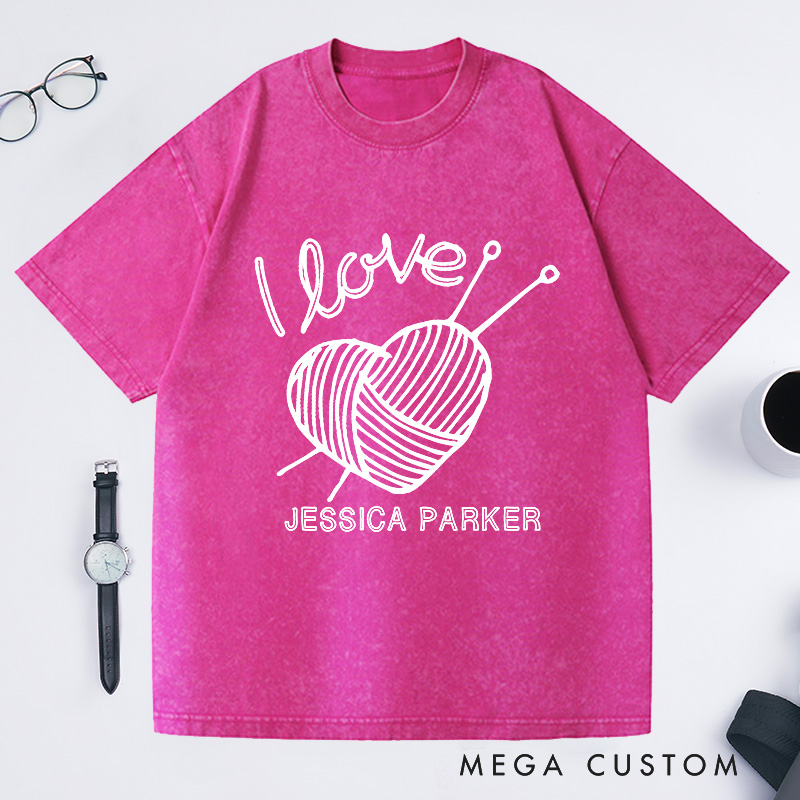 Personalized I Love Knitting Washed T-Shirts Gifts for Knitter Grandma Shirt Grandma Knit Tee Custom Tee