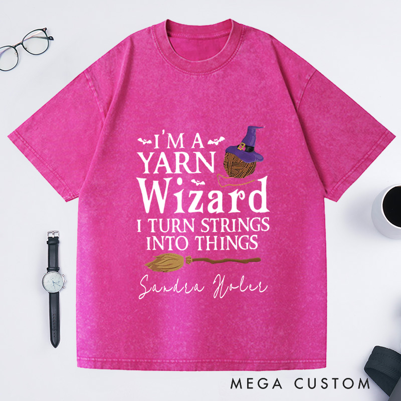 Personalized I'm a Yarn Wizard Washed T-Shirts Knit T-Shirt Knitting Gift Knitter Gifts Custom Tee