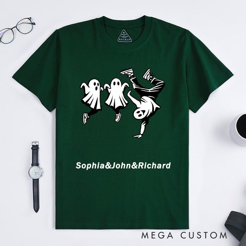 Personalized Ghost Breakdance T-Shirts Funny Hip Hop Ghost Street Dance Design Custom Name Halloween Gift for Men Unique Ghost Dancing Tee