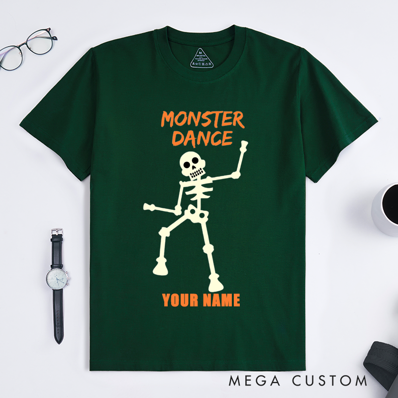 Personalized Skeleton Dance T-Shirt Custom Name Halloween Glow in the Dark Funny Gift for Men Unique Spooky Customizable Present
