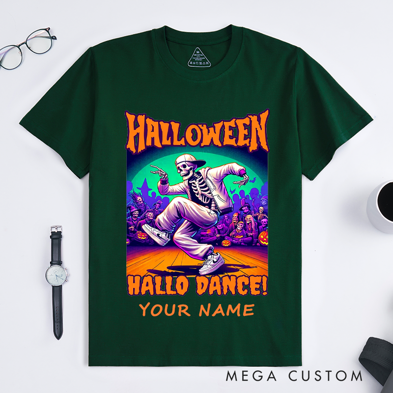 Personalized Halloween Skeleton Dance T-Shirts Custom Name Hip Hop Breakdance Shirt Spooky Gift for Men Unique Halloween Outfit for Boys