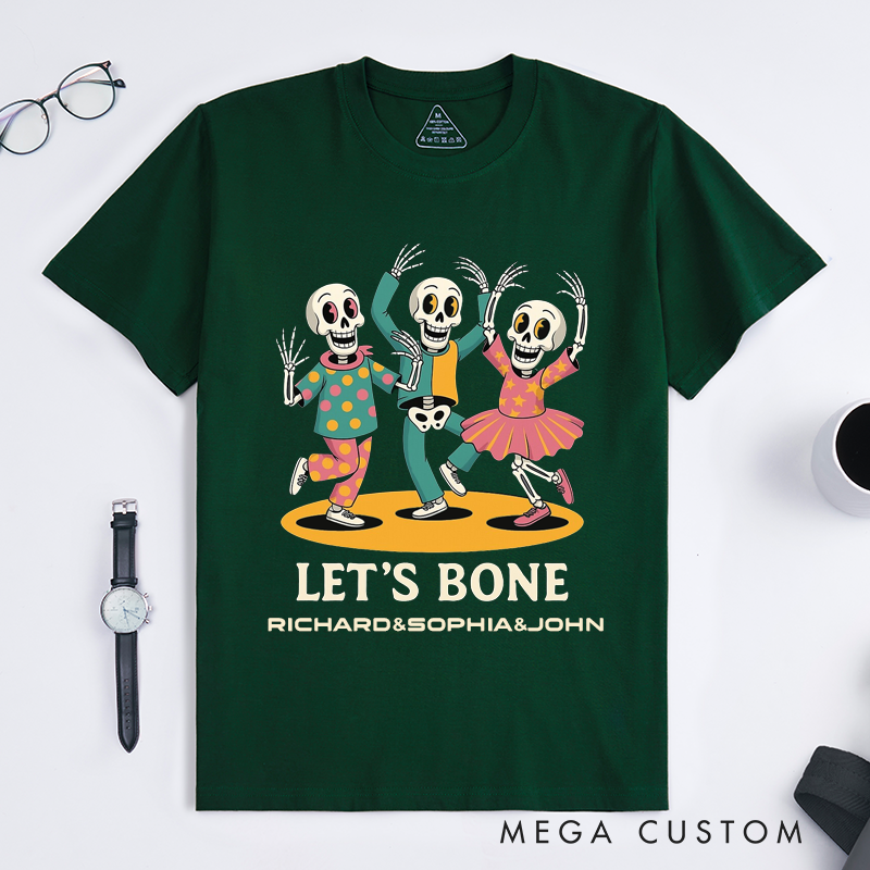 Personalized Dancing Skeletons T-Shirts Custom Name Funny Retro Halloween Gift for Men Women Unisex Spooky Skeleton Tee