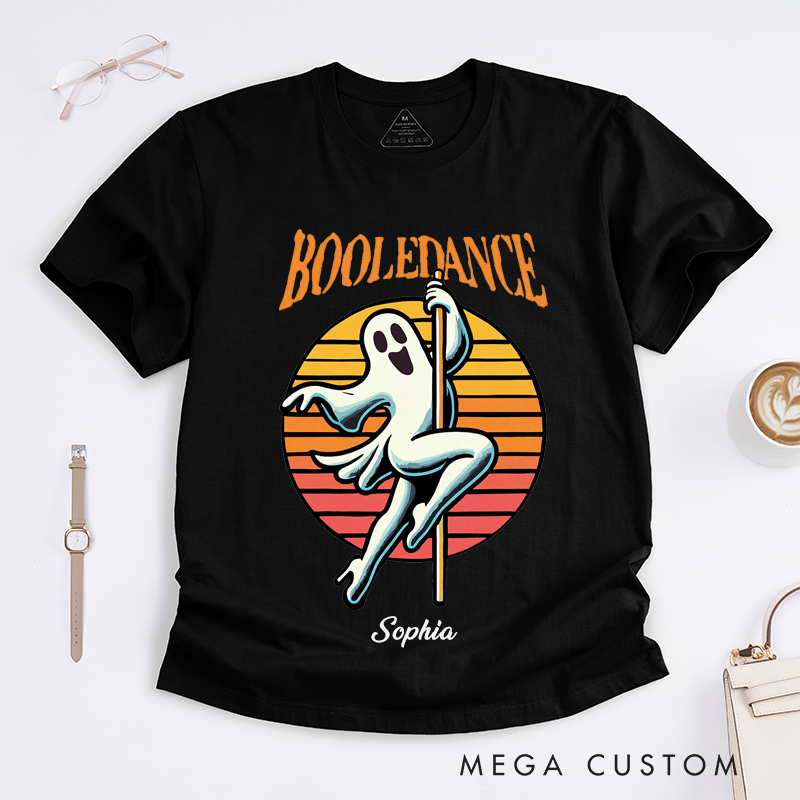 Personalized Boole Dance Ghost Pole Dancing T-Shirt Funny Retro Halloween Gift Idea for Women Custom Name Tee for Dancer Friends