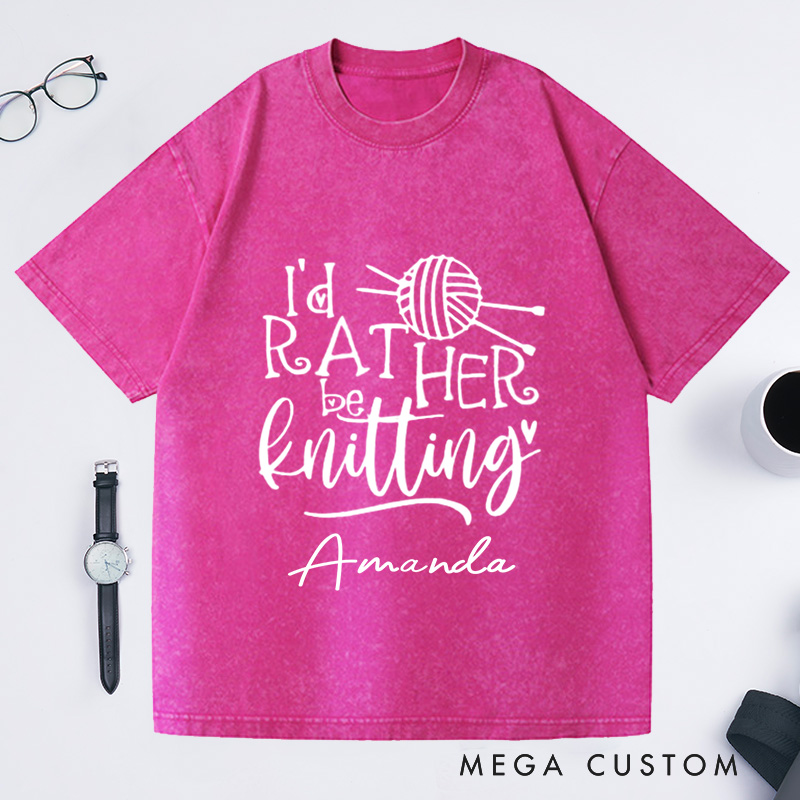 Personalized Knitting Lover Washed T-Shirts Knitter Shirt Knitting Gift Love to Knit I'd Rather Be Knitting Tee Cute Knit Lover