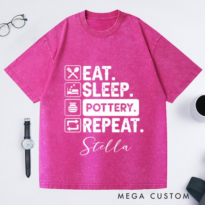 Personalized Eat Sleep Pottery Repeat Washed T-Shirts Gift for Potter Potters Shirt Clay Tshirt Custom Tee