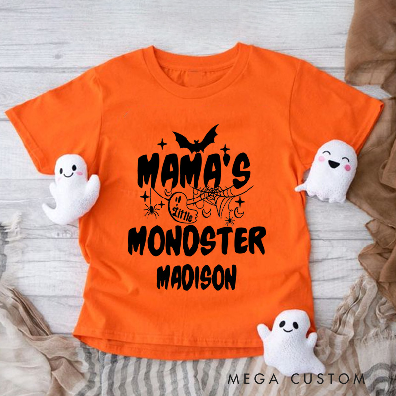 Personalized Mama’s Little Monster Halloween Shirt for Kids Perfect for Fun and Spooky Family Moments During Halloween Kids T-Shirt
