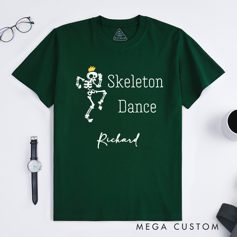 Personalized Funny Skeleton Dance Graphic T-Shirts Unique Dancing Skeleton Gift for Men Custom Name Halloween Clothing for Him