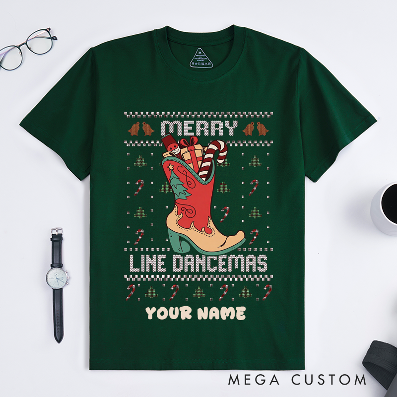 Personalized Merry Line Dancemas Christmas Cowboy Boot T-Shirts Unisex Custom Gift for Line Dance Lovers Fans