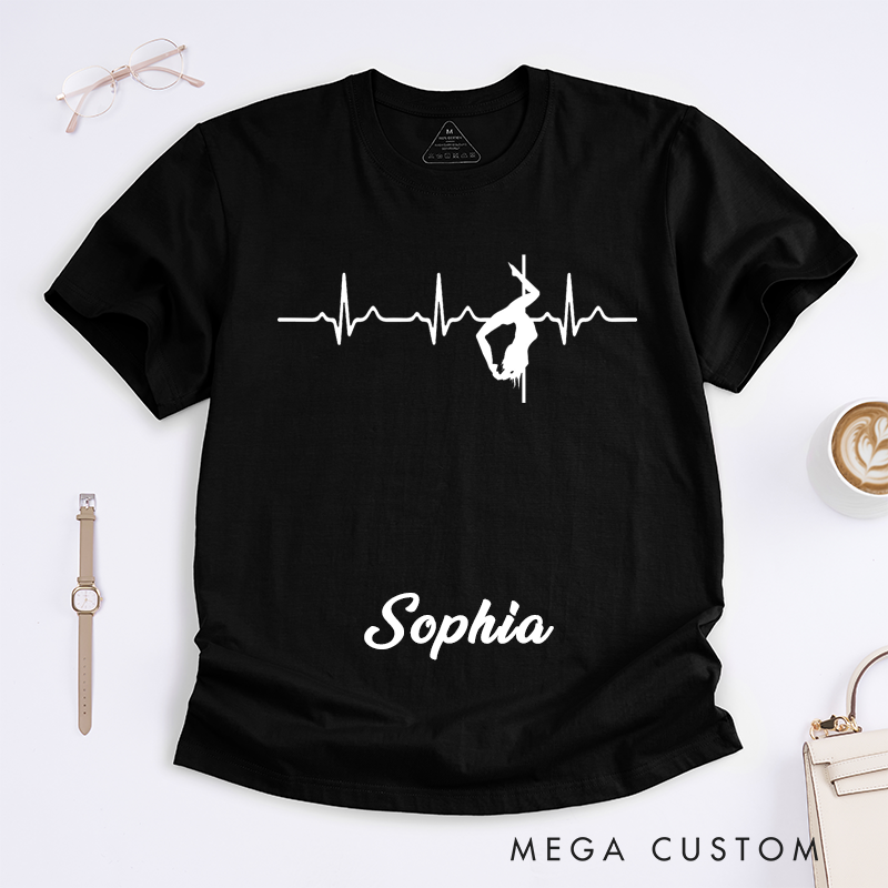 Personalized Pole Dancing T-Shirts Heartbeat Design Unique Fitness Gift for Women Dance Lovers Custom Name Present for Dancer