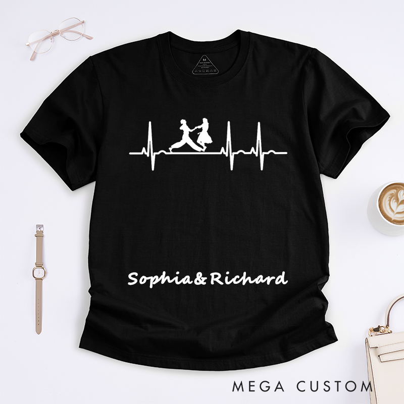 Personalized Dancing Heartbeat T-Shirts Custom Name Gift for Dance Lovers Unique Dance Partner for Him or Her Present Unisex Apparel