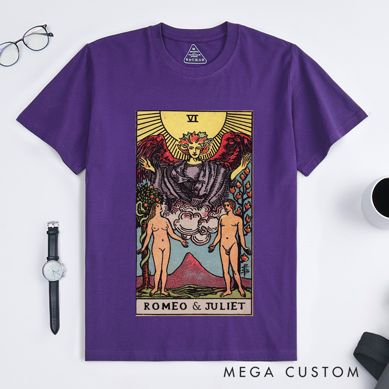 Personalized Lovers Tarot Card Classic T Shirts Custom Name Unique Art Unisex Gift for Couples Friendship Anniversary Birthday Spiritual Fashion
