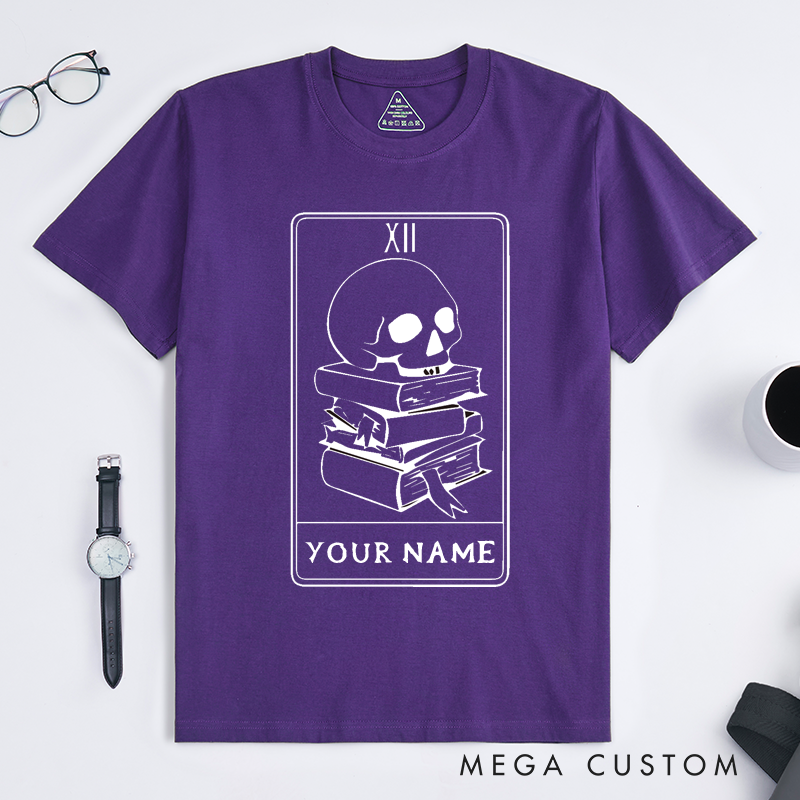 Personalized Tarot Lovers Classic T-Shirts Skull and Books Tarot Card Classic T-Shirts Gift for Book Lovers 