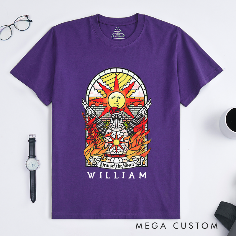 Personalized Tarot Lovers Classic T-Shirts Praise the Sun Medieval Knight Stained Glass Art T-Shirt Custom Fire Design Gift for Fans of Fantasy and Adventure