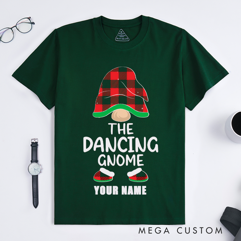 Personalized Dancing Gnome T-Shirts Unisex Cute Gift Plaid Hat Fun Custom Name Tee for Family Friends