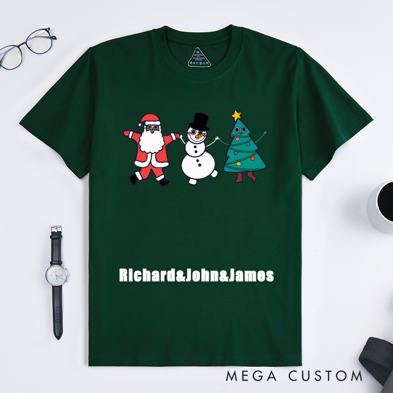 Personalized Christmas Cartoon Dance T-Shirt Unisex Custom Name Gift Santa Snowman Tree Design Family Matching Outfit for Men Women