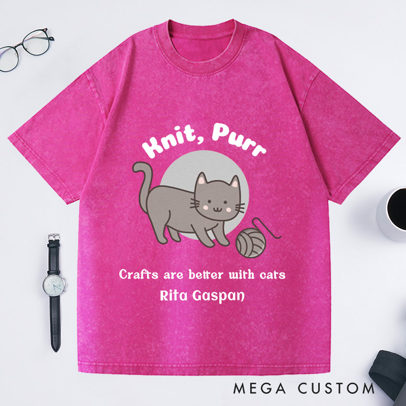 Personalized Funny Knitter Cat Washed T-Shirts Knitting T-Shirt Knitter T Shirt Knit Happens Crafts Kitty Lover Gift