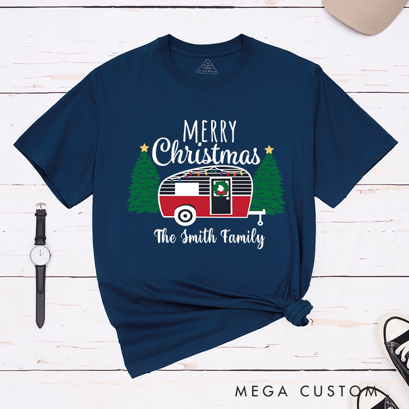 Personalized Cozy Camper Christmas T-Shirt Merry Christmas Shirt Christmas Gift for Hiking Outdoors Lover