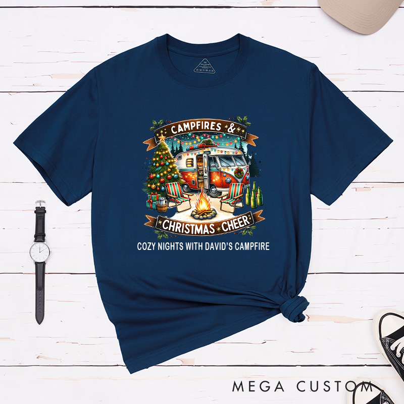 Personalized Campfires Christmas Cheer T-Shirt Merry Christmas Shirt Gift for Camping Outdoors Lover