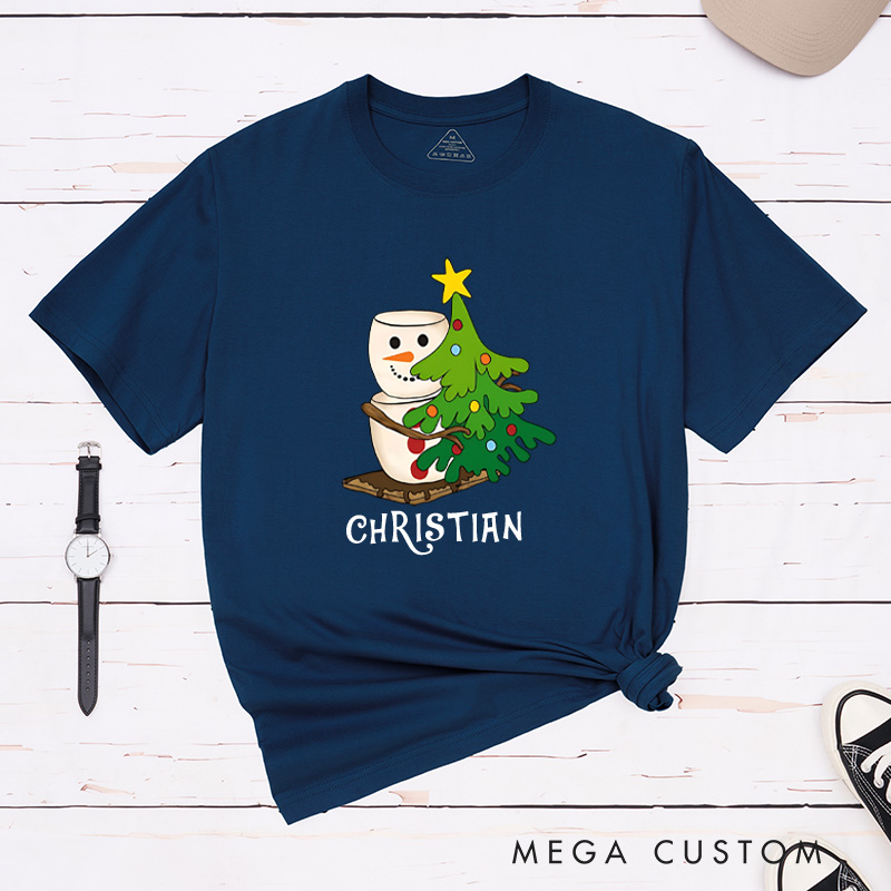 Personalized Marshmallow Snowman Hugging a Christmas Tree T-Shirt Christmas Camping Shirt Gift for Outdoor Hiking Lover