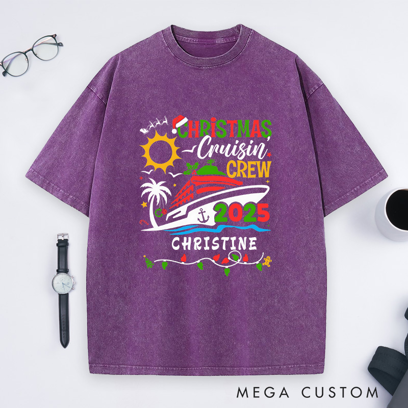 Personalized Christmas Cruisin'Crew Washed T-Shirt Family Christmas Cruise T-Shirt Gift for Outdoor Travel Lover