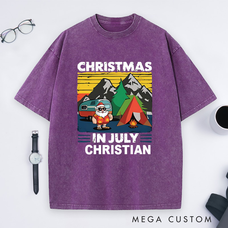 Personalized Christmas in July Washed T-Shirt Outdoor Tropical Camping Washed T-Shirt  Gift for Hiking Lover