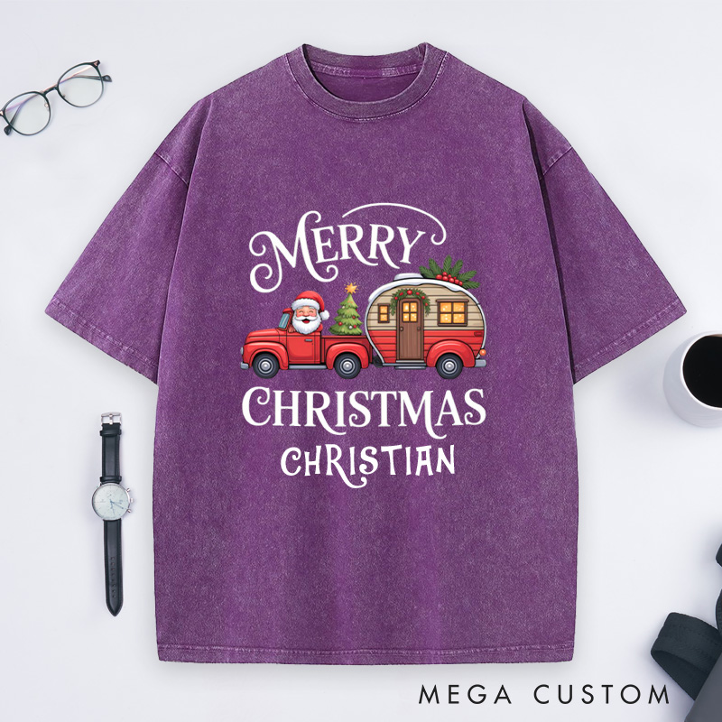 Personalized Merry Christmas Washed T-Shirt Outdoor Camping T-Shirt Gift for Adventure Hiking Lover