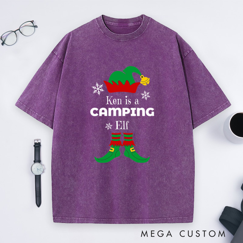 Personalized Camping Elf Washed T-Shirt Christmas Outdoor Adventure T-Shirt Gift for Hiking Lover