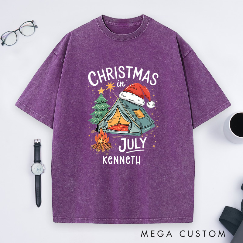 Personalized Christmas in July Washed T-Shirt Outdoor Camping Lover T-Shirt Christmas Gift for Hiking Lover