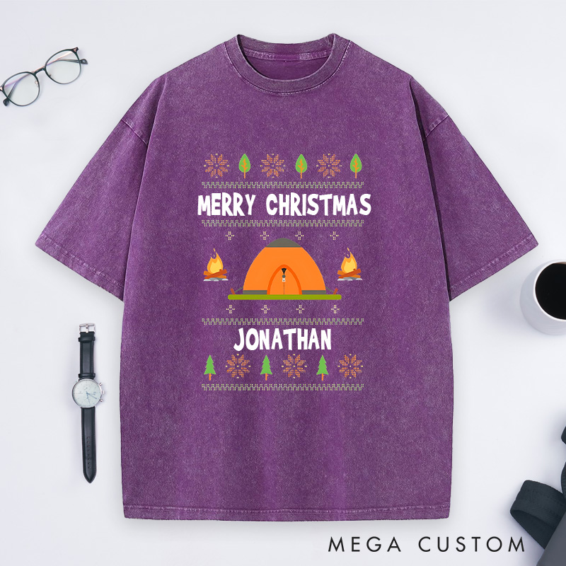 Personalized Camper Christmas Washed T-Shirt Outdoor Adventure T-Shirt Christmas Gift for Hiking Outdoors