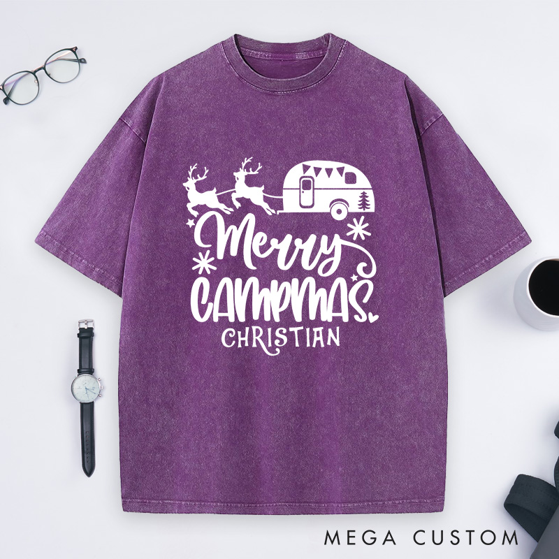 Personalized Merry Campmas Washed T-Shirt Outdoors Camping Christmas T-Shirt Gift for Hiking Lover