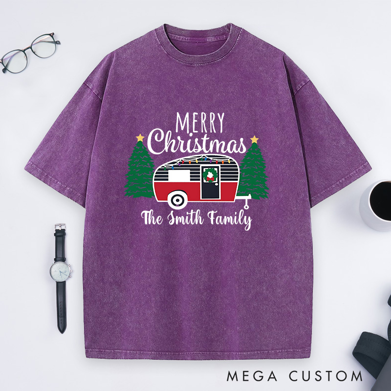 Personalized Cozy Camper Christmas Washed T-Shirt Merry Christmas T-Shirt Christmas Gift for Outdoors Lover