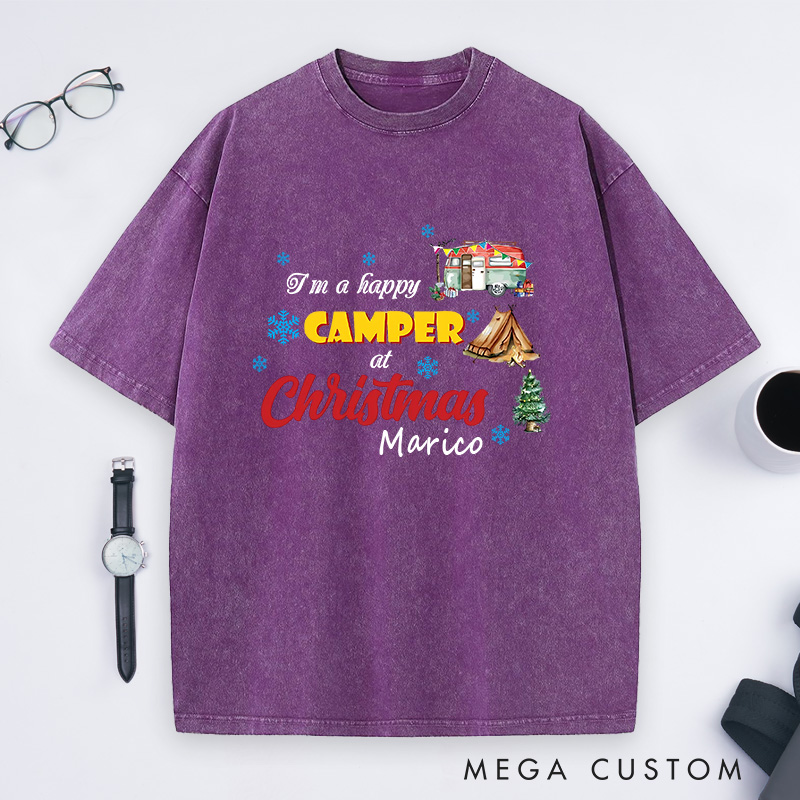 Personalized Christmas Camping Washed T-Shirt Hiking Adventure Lover T-Shirt for Outdoors Christmas Gift 