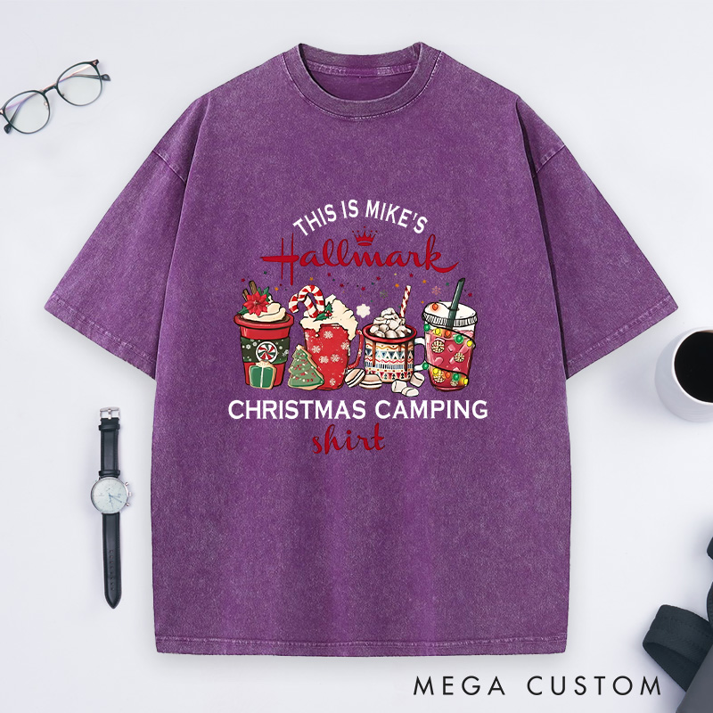 Personalized Christmas Camping Washed T-Shirt Holiday Spirit Shirt Gift for Outdoor Hiking Lover