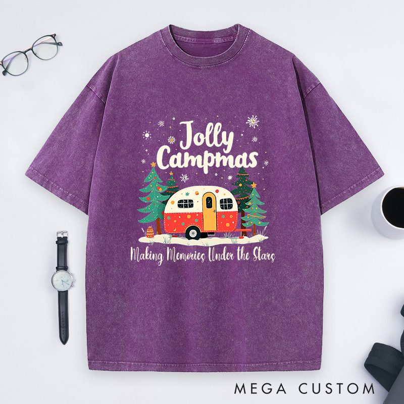 Personalized Jolly Campmas Washed T-Shirt Outdoor Camping Christmas Shirt Gift for Hiking Lover