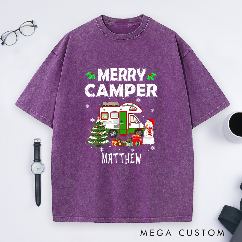 Personalized Merry Camper Washed T-Shirt Outdoor Camping Christmas T-Shirt Holiday Gift for Hiking Lovers