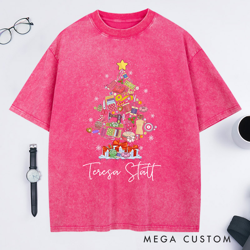Personalized Sewing Machine Christmas Tree Washed T-Shirts Quilting Shirt Sewing Lover T-Shirt Christmas Tailor Gift Sewing Christmas Shirt