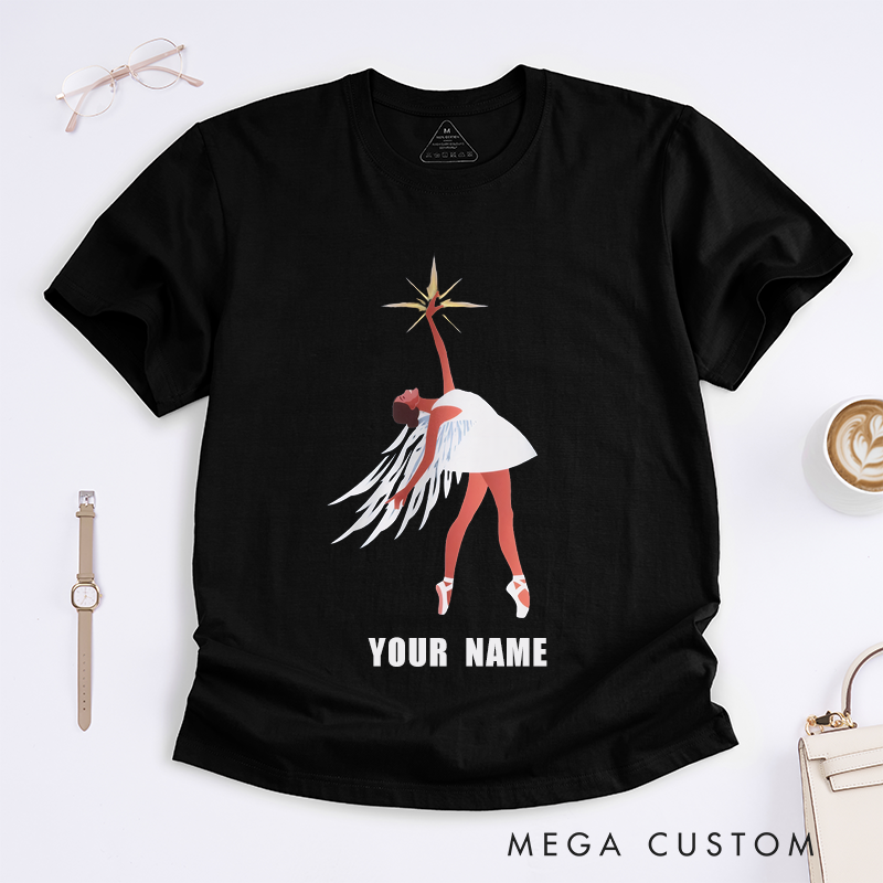 Personalized Angel Ballerina T-Shirts Custom Name Wings Dancer Unique Gift for Women Ballet Lover Dance Girlfriend Daughter Elegant Art Tee